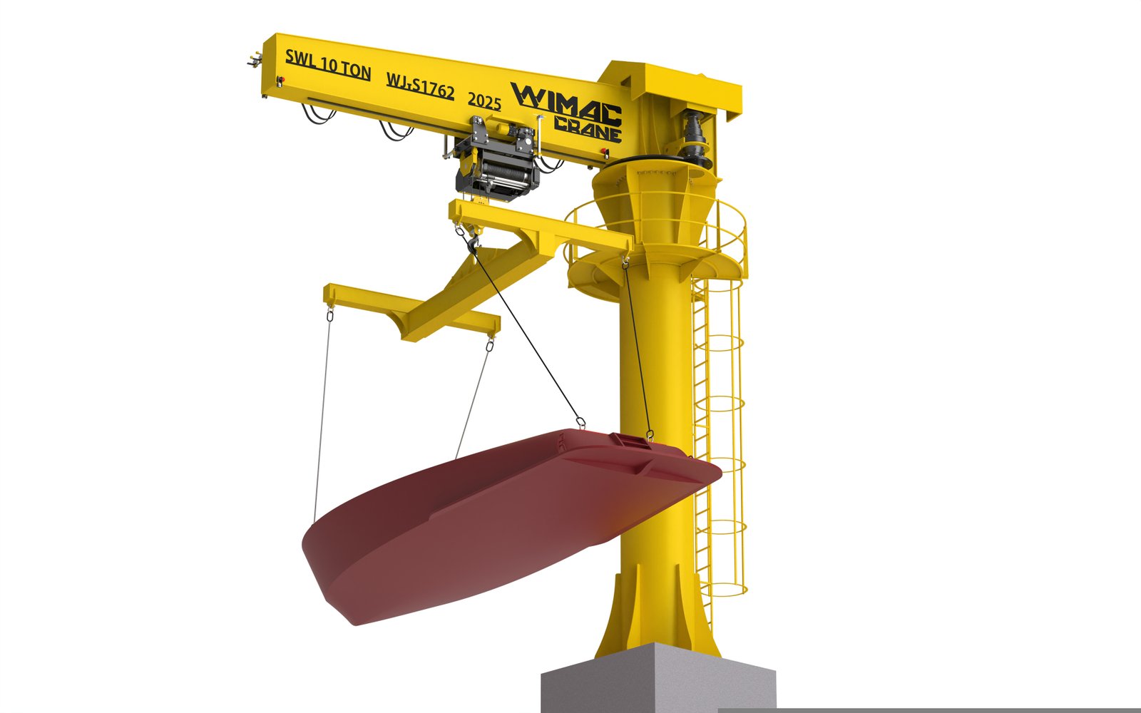Component map of a jib crane: hoist and trolley, boom arm and slewing column