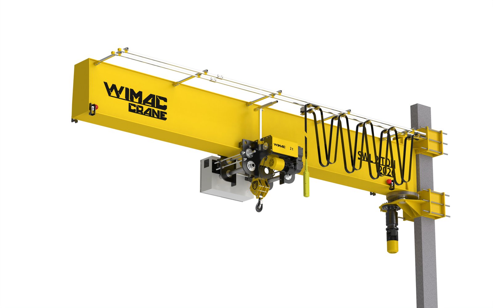 Component map of a wall mounted jib crane: wall bracket, slewing arm, and hoist with trolley