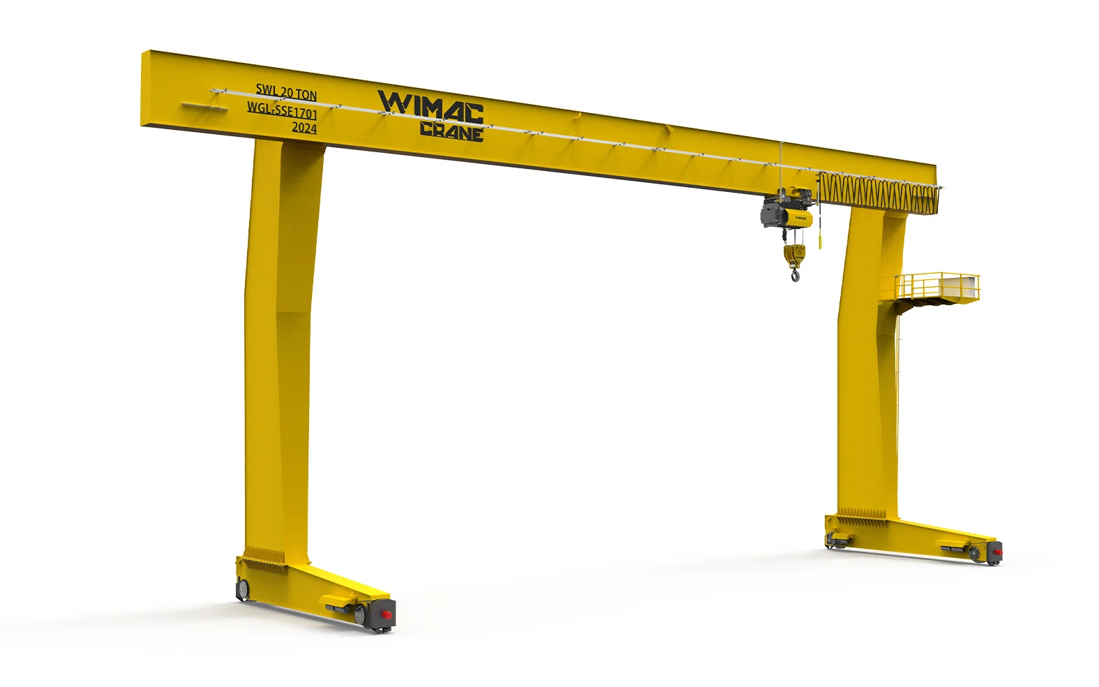 Wimac L-type gantry crane interactive component map with hoist, end carriage, leg and festoon